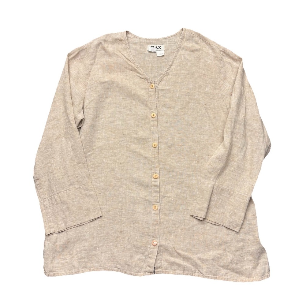 Flax Top Womens L Beige Linen‎ Button Up Tunic Shirt Lagenlook Boho Minimalist